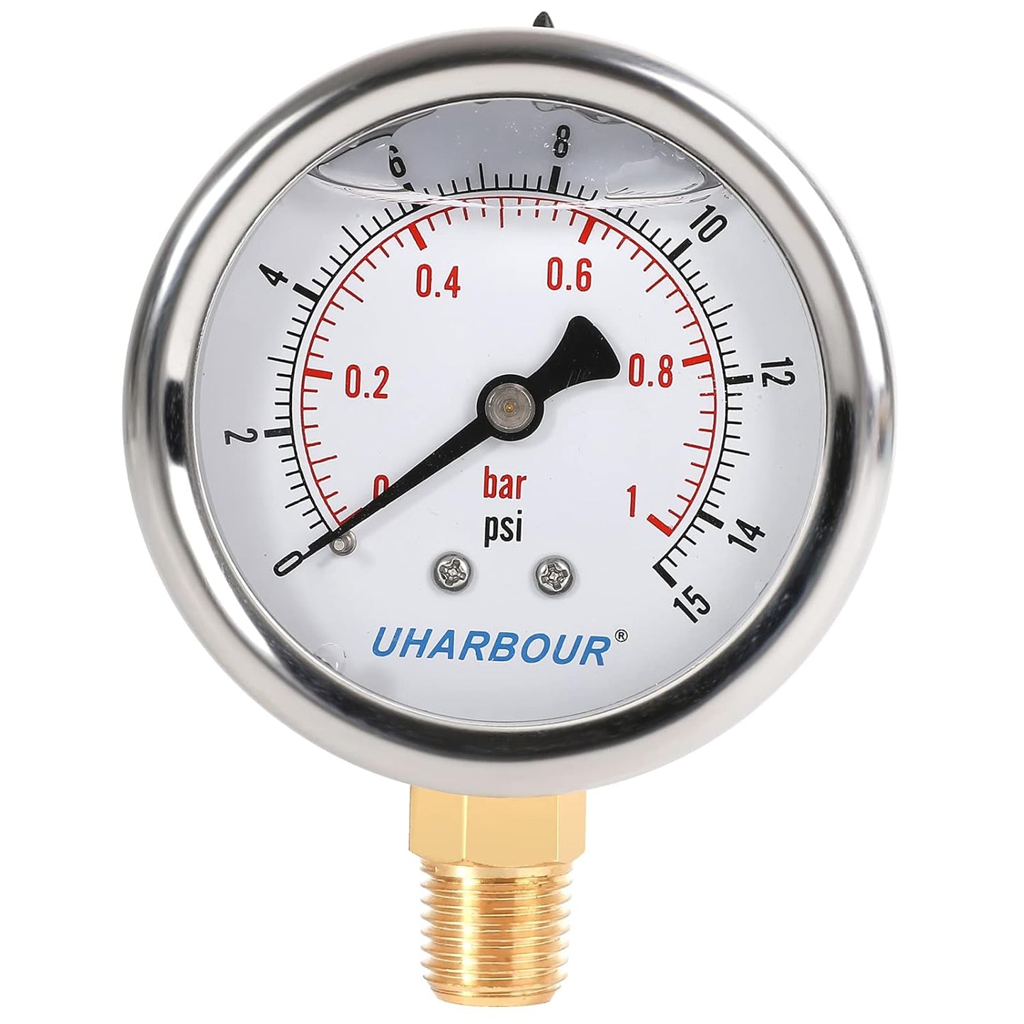 Glycerin Filled Low Pressure Gauge 15psi/1bar, Stainless Steel case, Brass Inside Construction, 2-1/2" dial, 1/4" NPT Rear Connection.