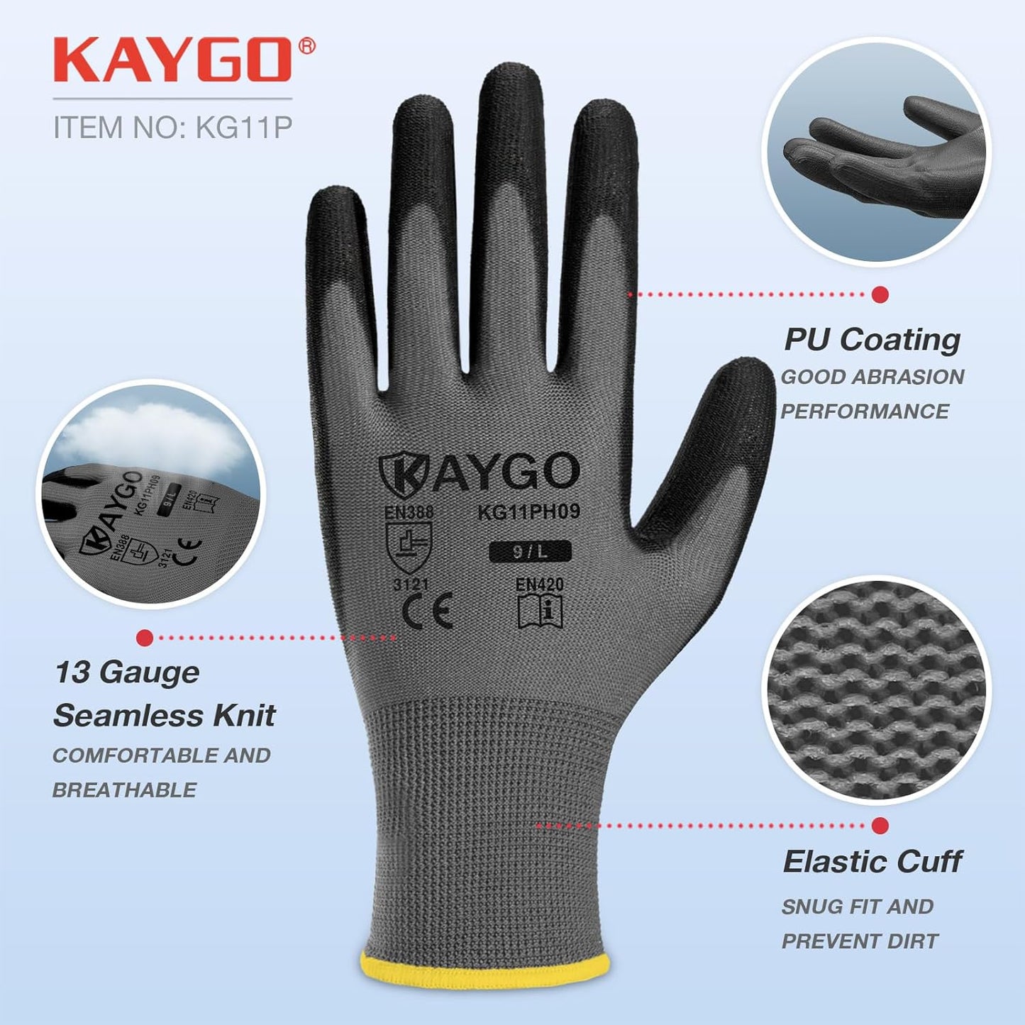 KAYGO Safety Work Gloves PU Coated, 60 Pairs, KG11PB, Seamless Knit Glove with Polyurethane Coated Smooth Grip on Palm & Fingers, for Men and Women (Small, Gray)