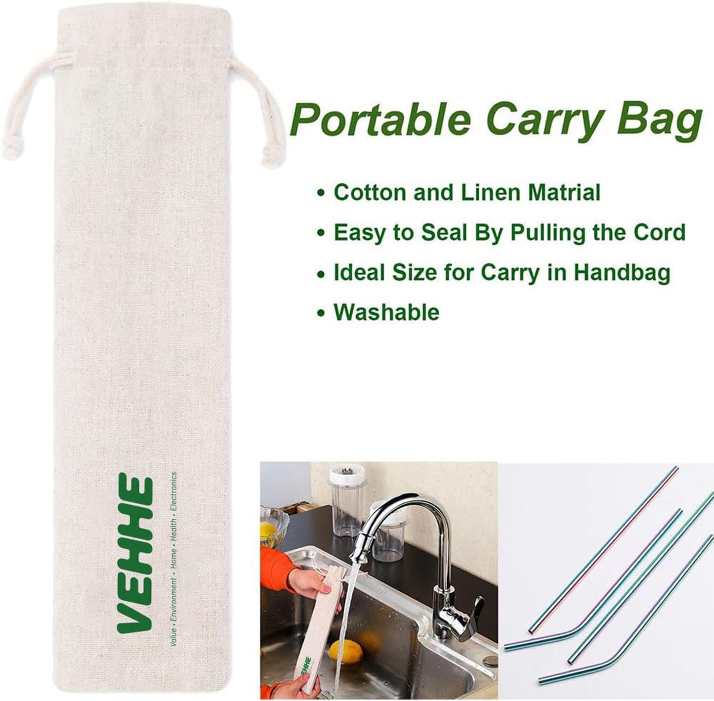 VEHHE Reusable Straws 8 Set Multi Color Stainless Steel Straws - Cleaning Brush for 20 Oz (Rainbow 8.5 inch + 10.5 inch)