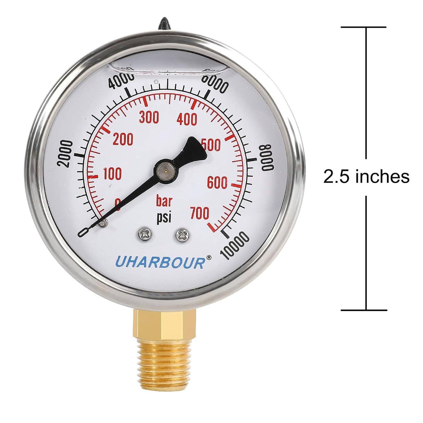 Glycerin Filled Pressure Gauge 10000psi/700bar, Stainless Steel case, Brass Inside Construction, 2-1/2" dial, 1/4" NPT Rear Connection.