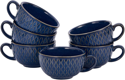 Set of 6 Cups Vintage Design 12 oz Professional Barista Ceramic Latte Art Cappuccino Cups Set (Embossed Blue * 6)