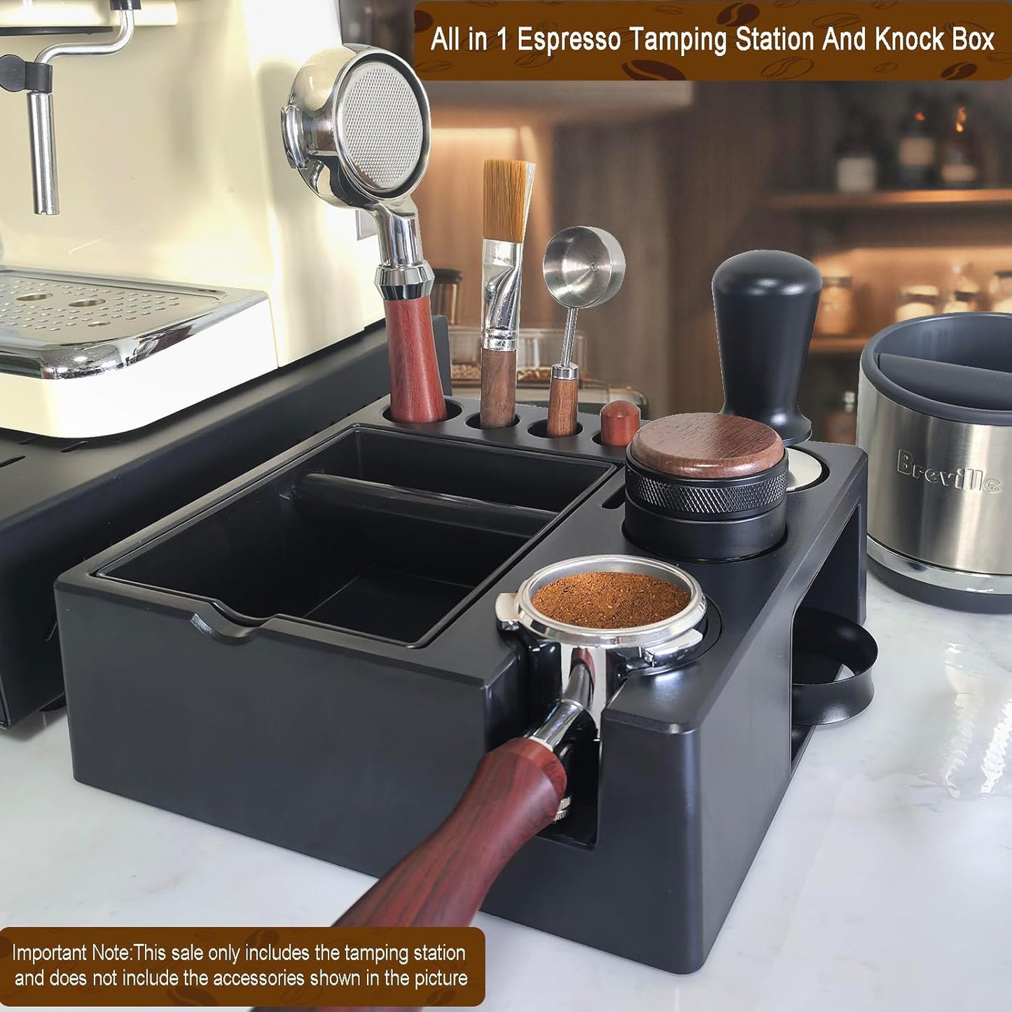 Espresso tamping station knock box,tamper station,Espresso station fit for storage 51-58mm tamper,distributor,portafilter,puck screen accessories,9 in 1 espresso knock box and tamper station