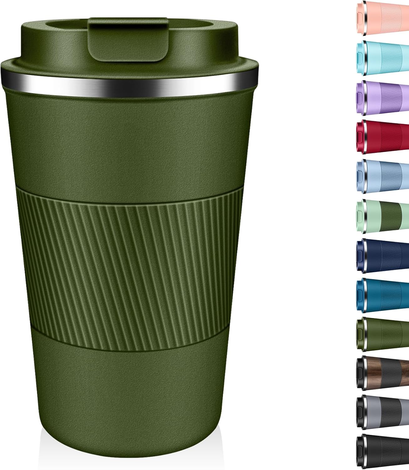Insulated Coffee Tumbler 12 oz, Stainless Steel Coffee Mug with Lids, Travel Coffee Mug Leak Proof, Double Wall Vacuum Insulated Reusable Coffee Cup, Keep Drinks Hot and Cold, Military Green, 12 Ounce