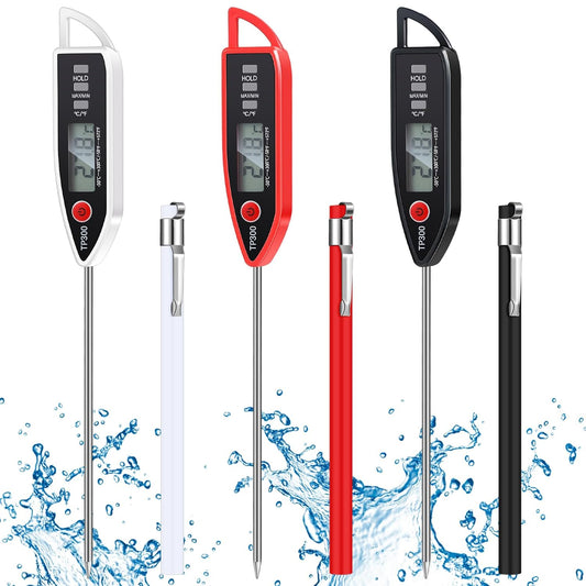 3 Set Waterproof Food Thermometer for Water, Liquid, Candle and Cooking Digital Meat Thermometer with Long Probe Instant Read for Kitchen BBQ Grill Candy (Black,White,Red)