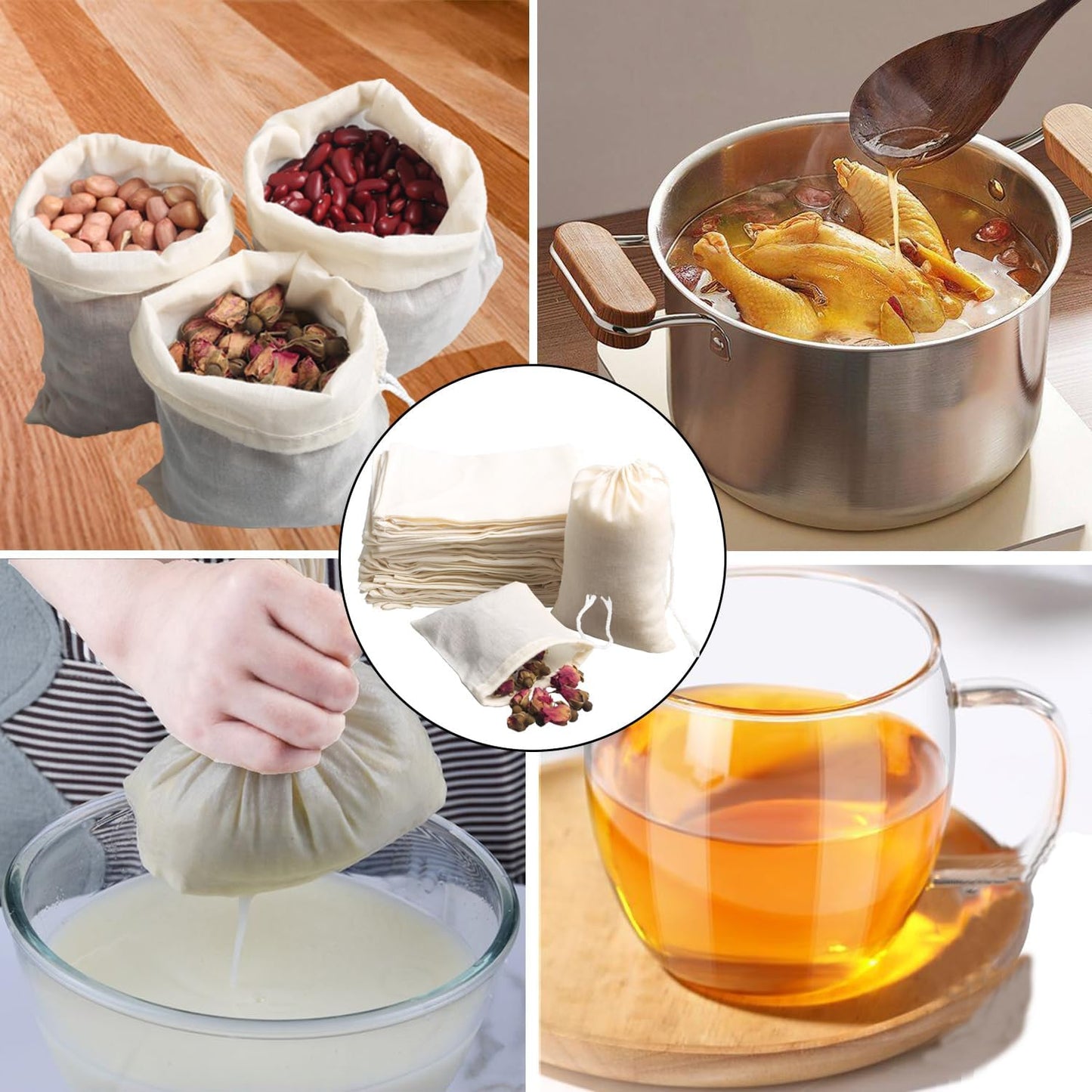 Eketirry Spice Bags, 20pcs Reusable Empty Tea Bags, Muslin Strainer Bags, Soup Bags for Cooking, Natural Cotton Fine Mesh Cheesecloth Bags for Cold Brew Coffee(2 x3" &3 x4")