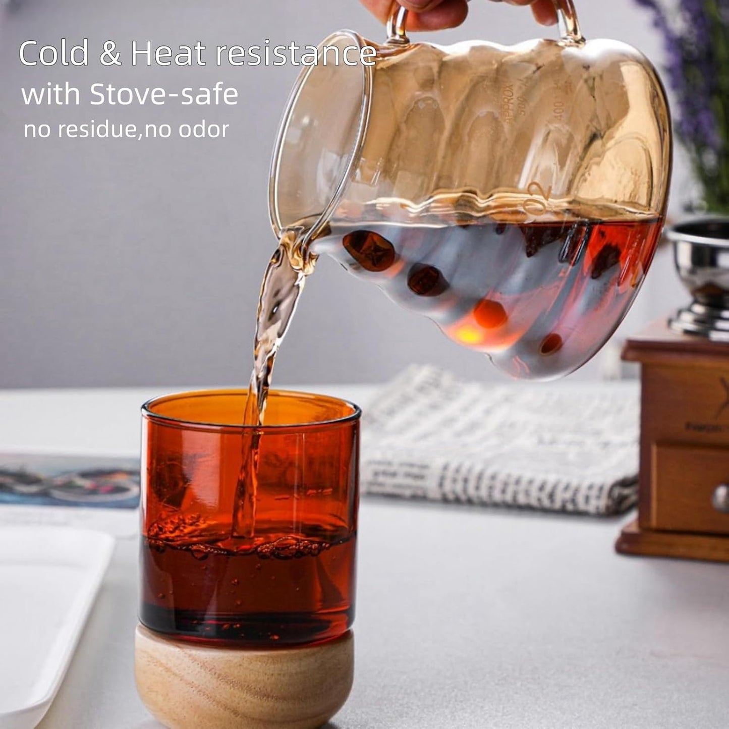 Pour Over Coffee Maker Set 20 oz, 600 ml Borosilicate Glass Coffee Server with Glass Lid, 50 pcs Paper Filter, Walnut Handle Pour Over Coffee Dripper for Home Café Restaurant, Gold