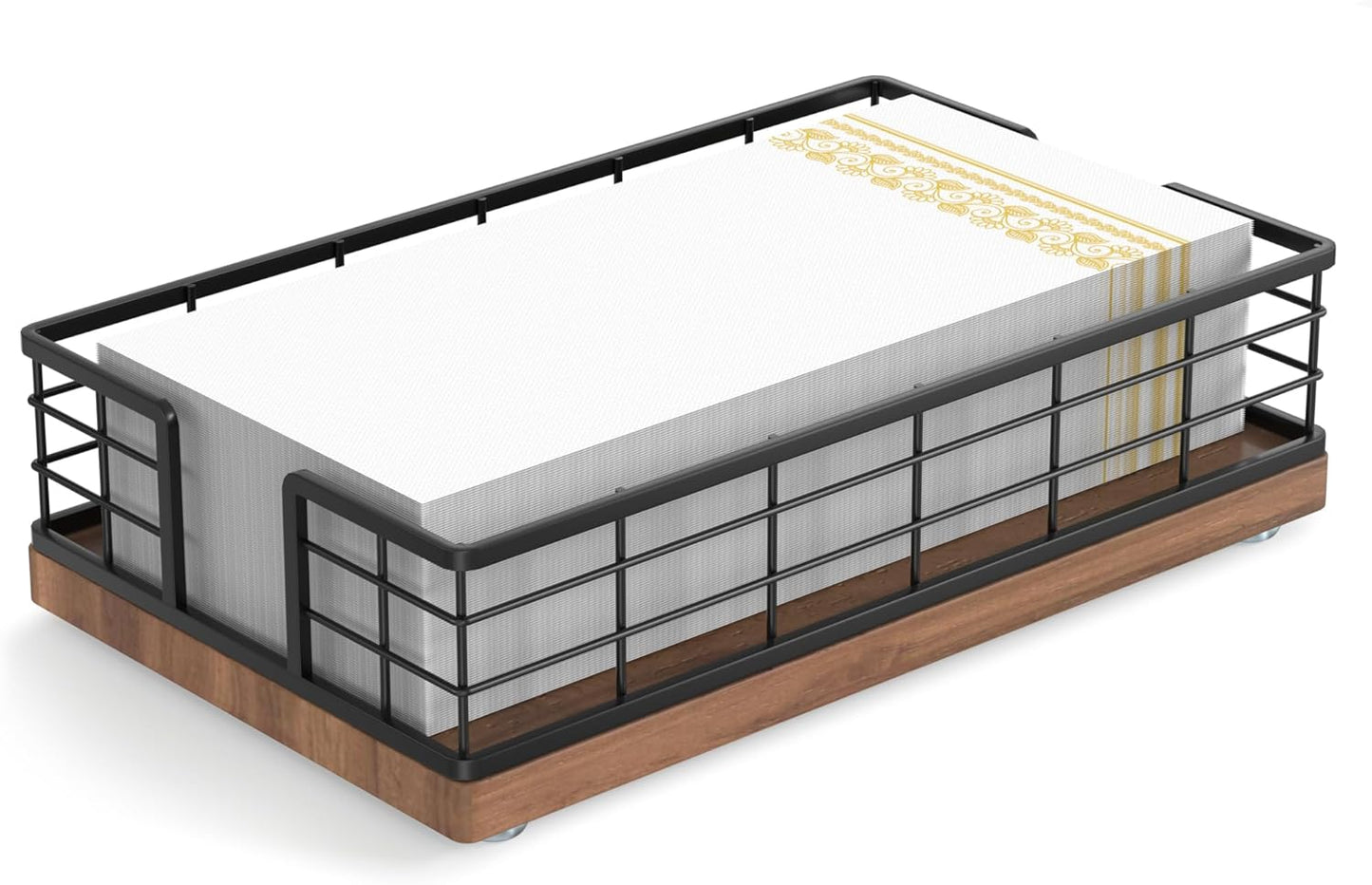 Wican Guest Towel Holder Tray for Bathroom, Oak and Iron Napkins Holder for Powder Room Dinning Table Wooden Basket for Disposable Paper Hand Towels Black & Walnut