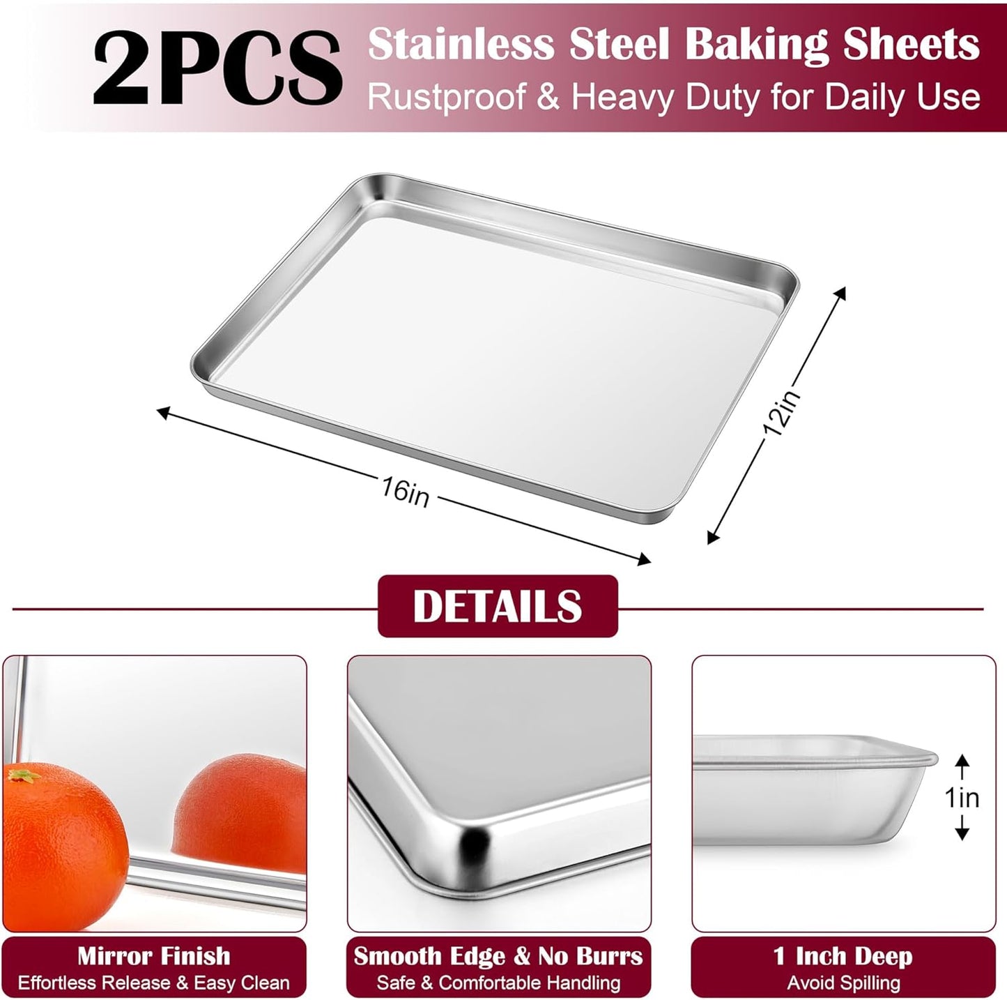 E-far Baking Sheet with Wire Rack (2 Pans + 2 Racks), Stainless Steel Cookie Sheets Pan & Cooling Rack for Baking Cookies/Jelly Rolls, Non Toxic & Heavy Duty, Oven & Dishwasher Safe, 16 x 12 x 1 Inch