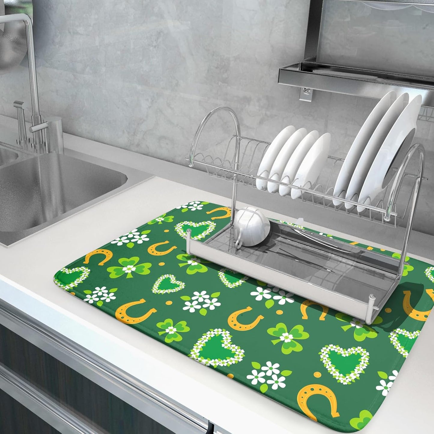 Giwawa Lucky Clovers Dish Drying Mat 18x24 inch St Patrick's Day Shamrocks Horseshoes Floral Dish Drainer Mats Spring Flower Leaf Microfiber Dish Drying Pad for Kitchen Countertop Large Decor