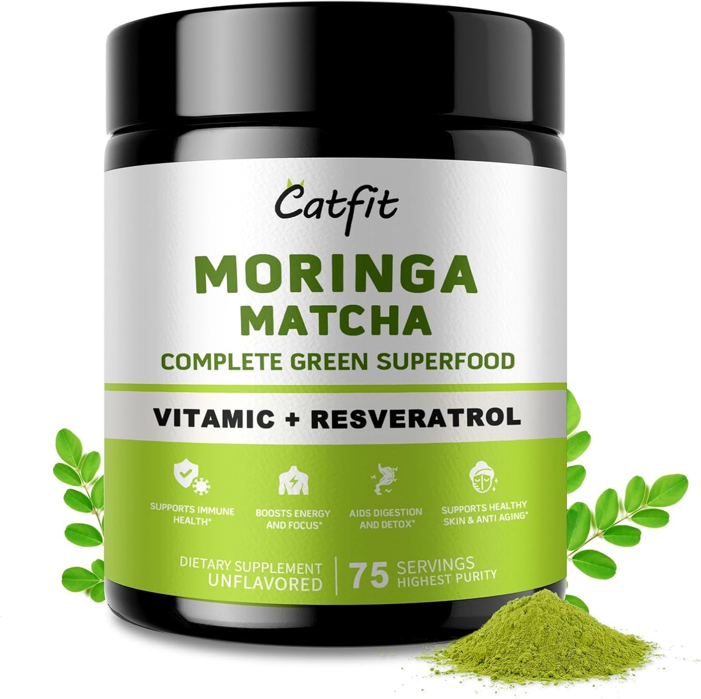 Matcha Moringa Powder – Superfood Blend with Green Tea & Resveratrol, Energy & Focus Support, Immune & Antioxidant Defense, Vegan, Gluten-Free, 8.8oz
