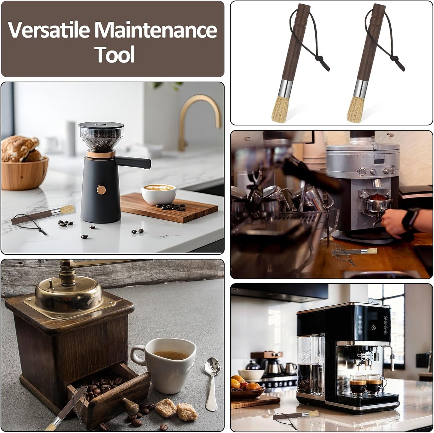 2 Pack Coffee Grinder Cleaning Brush, Coffee Brush with Wood Handle and Natural Bristles Brushes,Coffees Bar Accessories,Coffees Bar Espresso Grinder Brushes