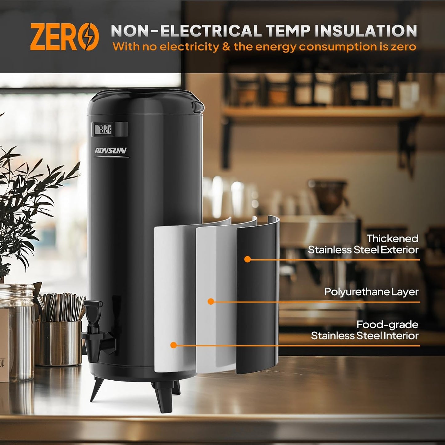 ROVSUN 4.8 Gallon Insulated Beverage Dispenser, Stainless Steel Hot and Cold Drink Dispenser, Ice and Hot Drink Server w/Spigot, Hot and Cold Beverage Server for Coffee, Tea, Milk & Juice