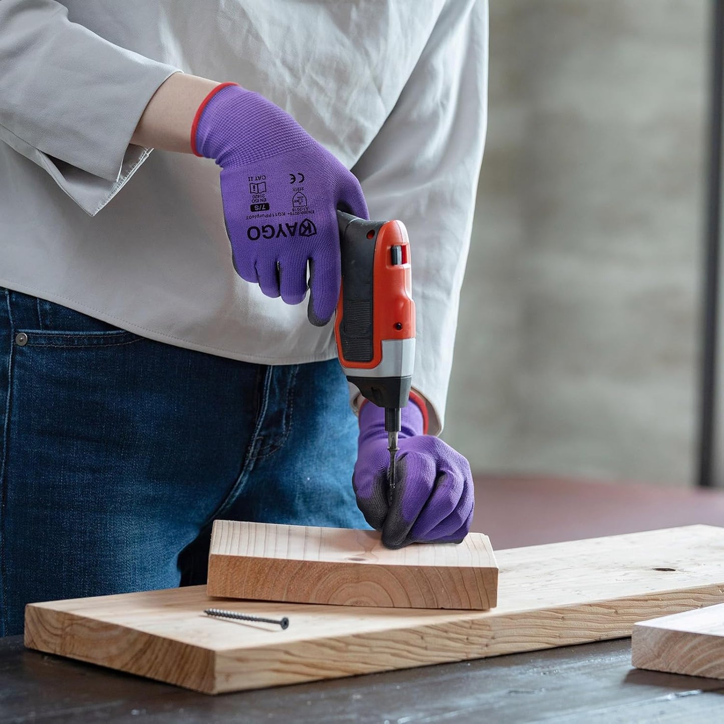 KAYGO Safety Work Gloves PU Coated,12 Pairs KG11PB Seamless Knit Glove for Men and Women, with Smooth Grip on Palm and Fingers, Ideal for General Duty Work (L, Purple)