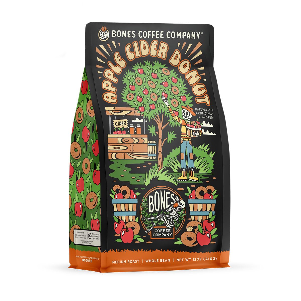 Bones Coffee Company Apple Cider Donut Flavored Coffee, Medium Roast Low Acid Arabica Beans Compatible with Auto drip and French Press Coffee Maker, 12 Oz Whole Bean