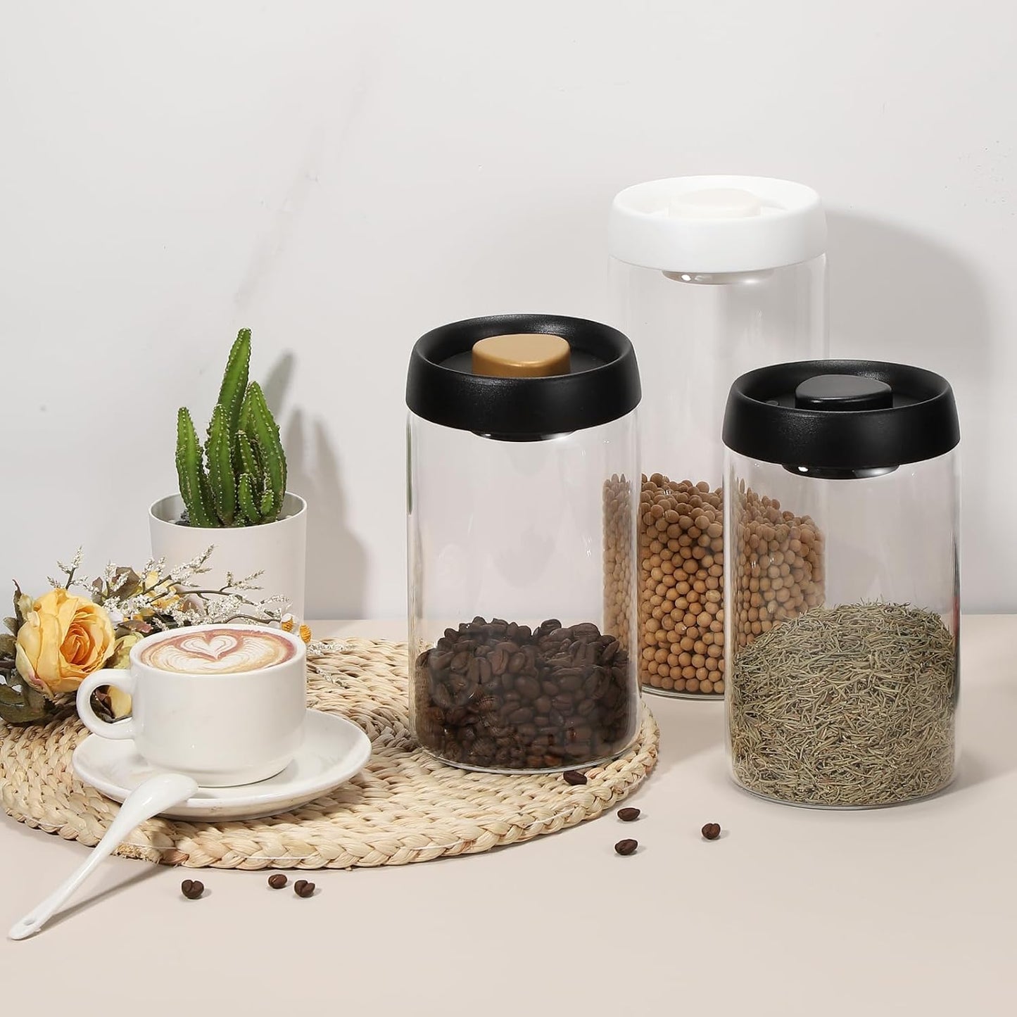 uxcell 2pcs Coffee Vacuum Container, 500ml/17oz Glass Coffee Bean Storage Container with Lids for Spices Biscuits Loose Leaf Tea, Black