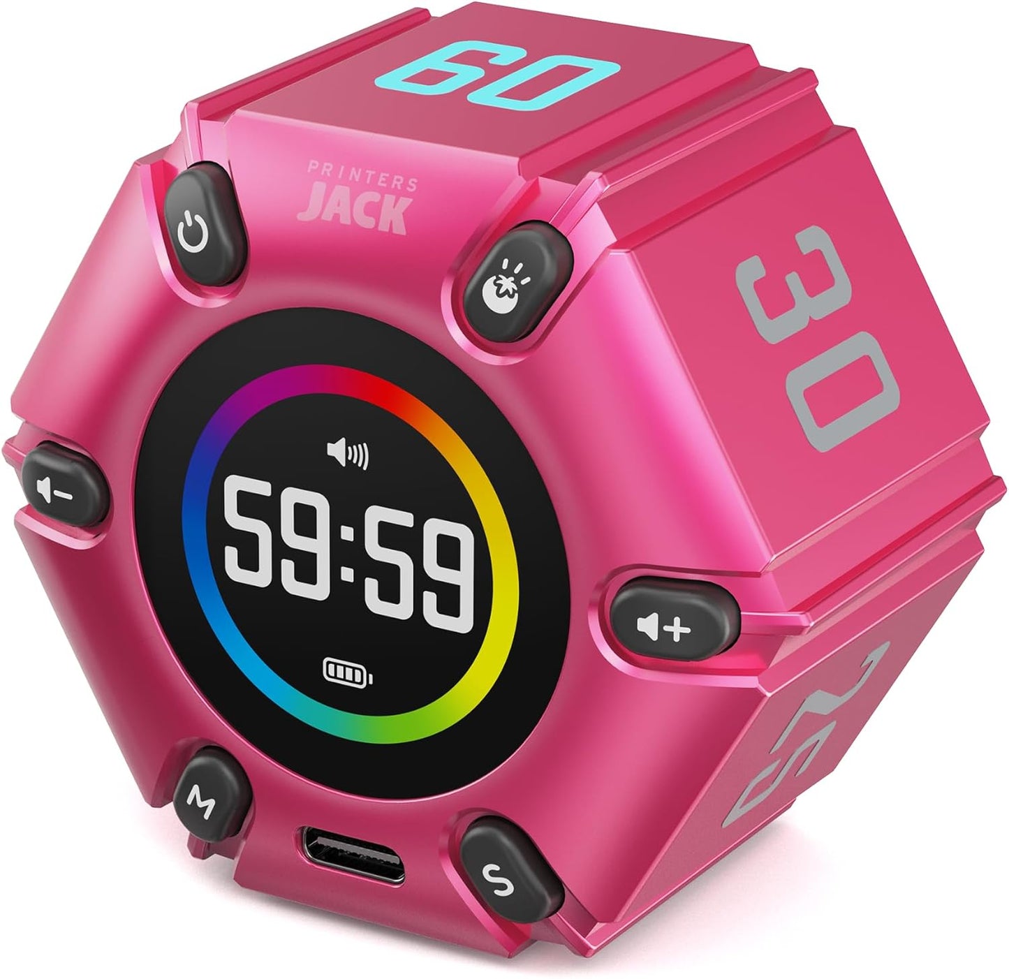 Printers Jack, Visual Pomodoro Timer, Productivity Cube Timer, Mute & Vibration & Adjustable Sound Alert, for Office, ADHD, Study, Work, 3/5/10/25/30/60min & Custom Countdown - Hot Pink