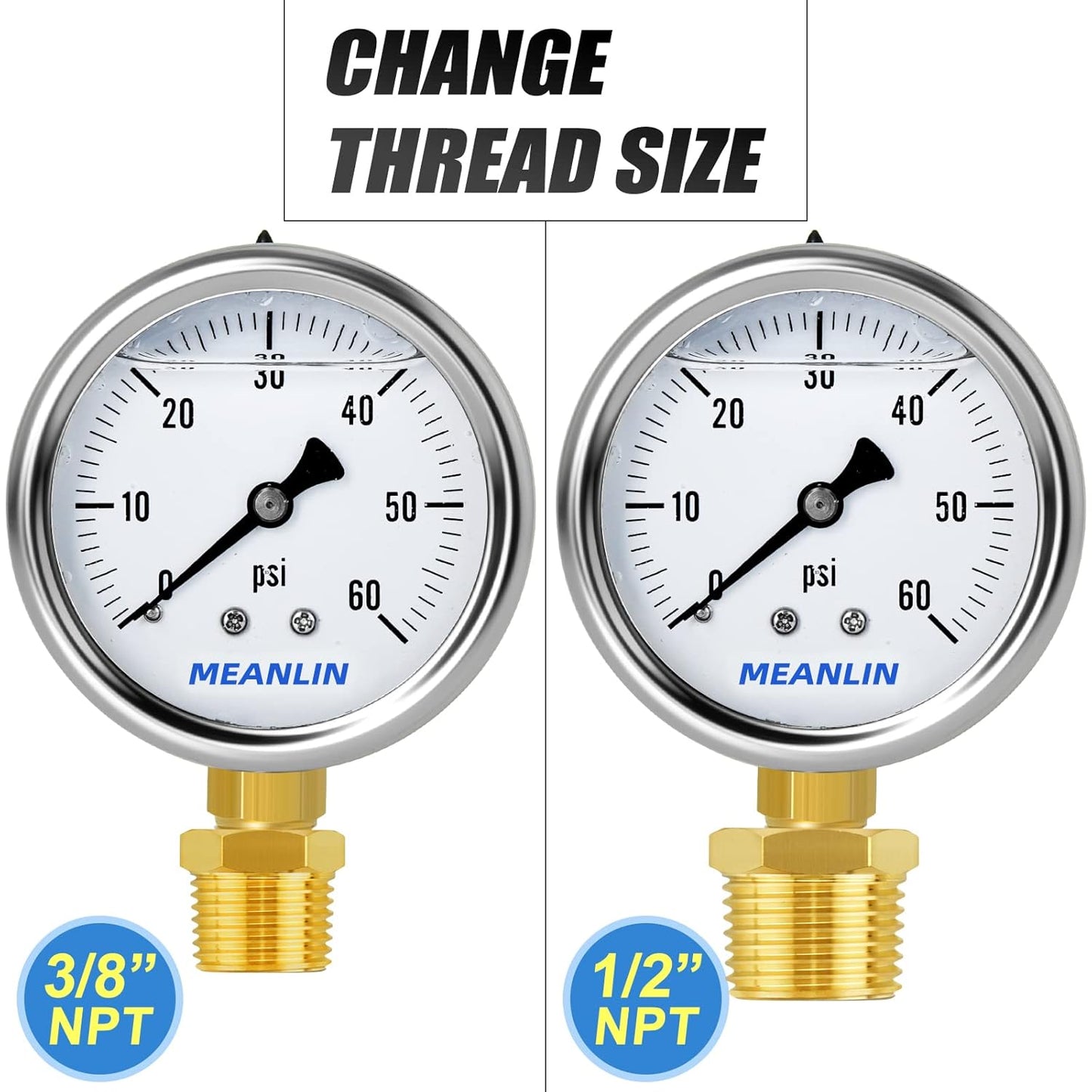 MEANLIN MEASURE 0~60Psi Stainless Steel 1/4" NPT 2.5" Single Scale FACE DIAL, Glycerin Filled Pressure Gauge, Pool Sand Filter, Lower Mount, with 1/2" NPT and 3/8" NPT Hex Bushing