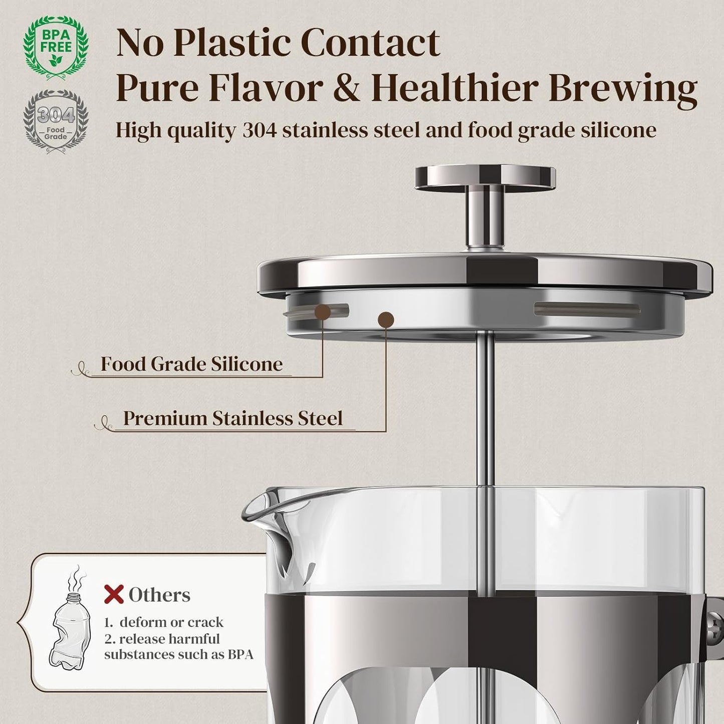 Veken French Press Coffee Maker 34oz 1 L, No Plastic Touching Cafe, Heat Resistant Thickened Borosilicate Glass, Stainless Steel Brewer,Cold Brew Cafetera Teapot for Kitchen Travel Camping,Dark Pewter