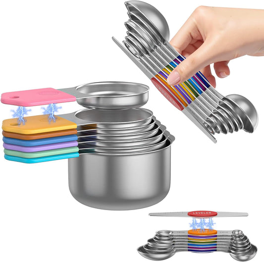 Magnetic Measuring Cups and Spoons Set - 304 Stainless Steel | Dual-sided Design | Set of 15 with Leveler | Strong N52 Magnetic Nesting Design | for Dry & Liquid Ingredients (Colorful)