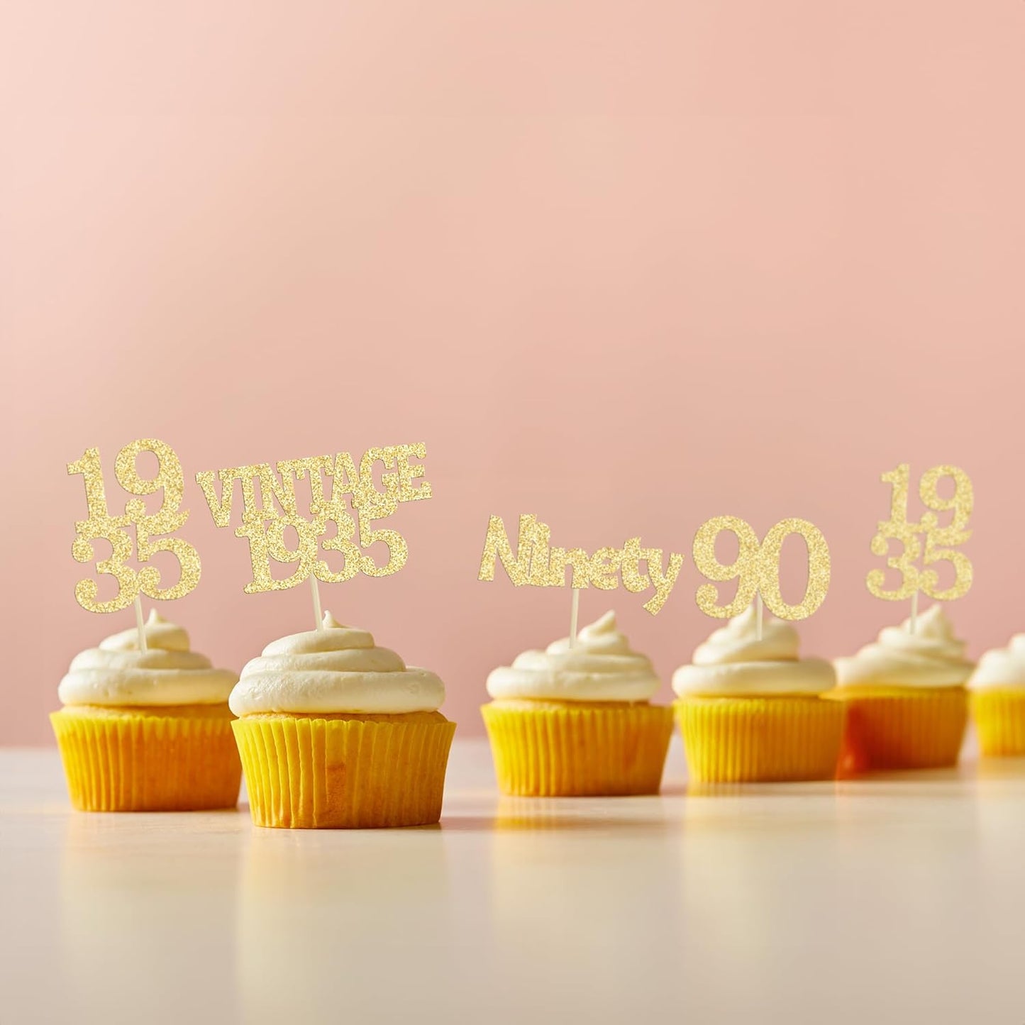 Gyufise 24Pcs 90th Birthday Cupcake Toppers Glitter Cheers to 90 Fabulous Ninety Vintage 1935 Cupcake Picks 90th Birthday Wedding Anniversary Party Cake Decorations Supplies Gold