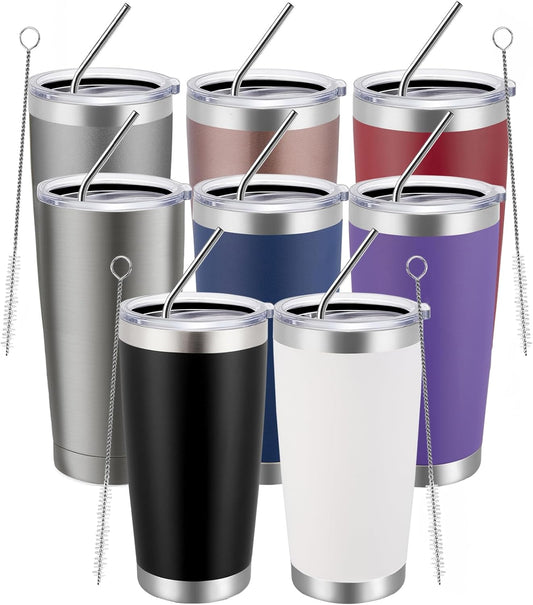 MEWAY 20oz Tumbler 8 Pack Double Wall Vacuum Insulated Travel Mug Bulk, Mix Color Stainless Steel Tumblers with Lid and Straw, Durable Powder Coated Coffee Cups for Cold & Hot Drinks（Mix Color, 8