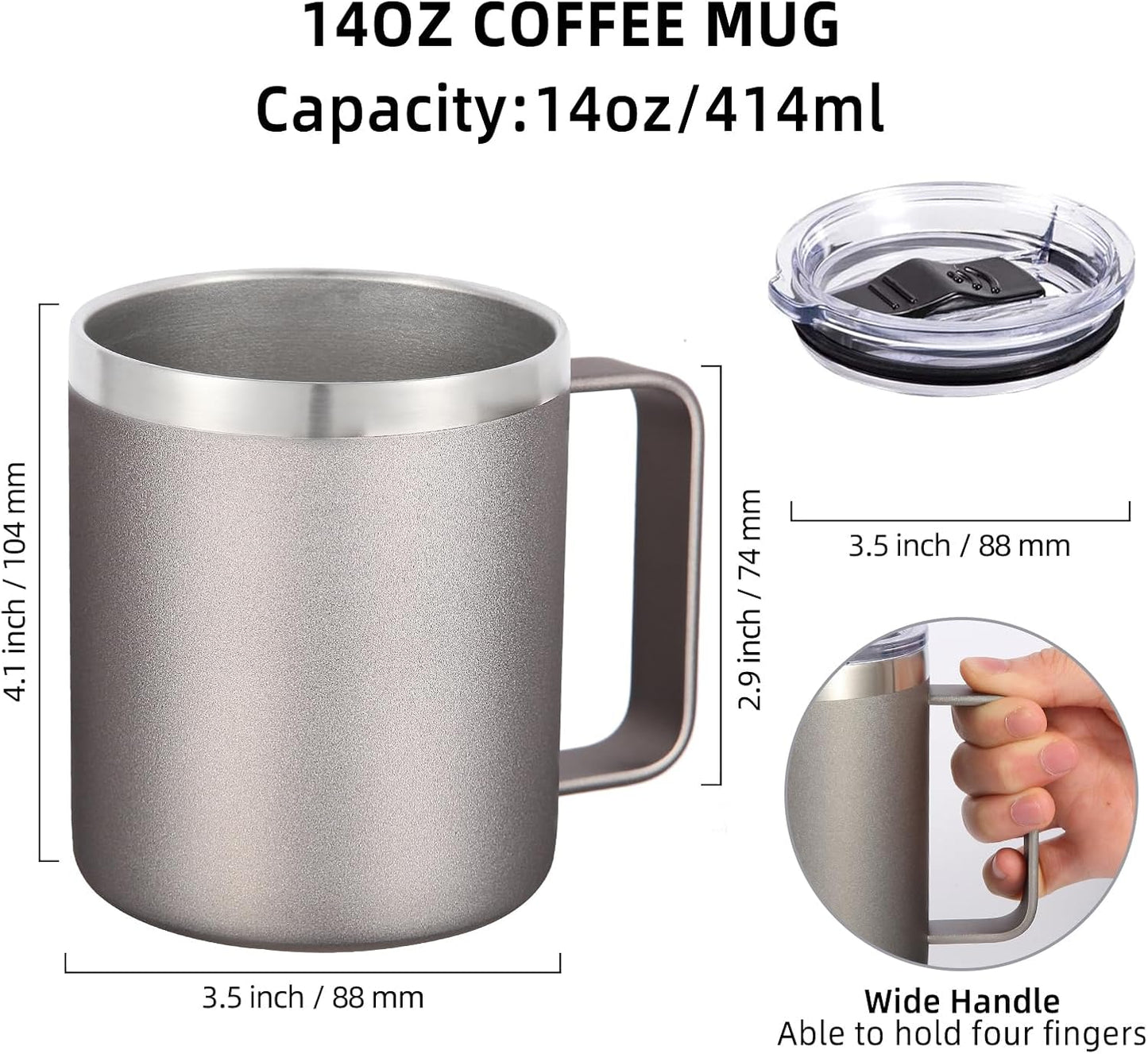 Volhoply 14oz Insulated Stainless Steel Coffee Mug with Leakproof Lid,Double Wall Vacuum Travel Coffee Cup with Handle,Reusable Metal Cups Tumbler, Camping Mugs Keep Hot/Cold,Ideal Gifts(Gray,1 Set)