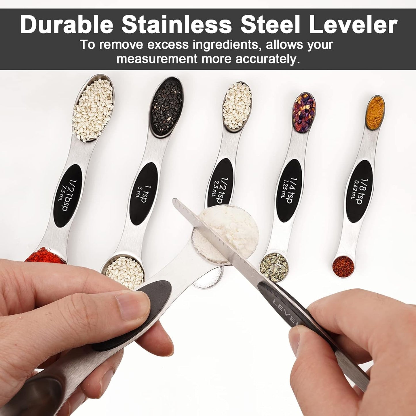 Aovchei 7 PCS Magnetic Measuring Spoons Set, Dual Sided, Stainless Steel Small Tablespoon, Teaspoons, Fits in Spice Jars, for Dry and Liquid, Black