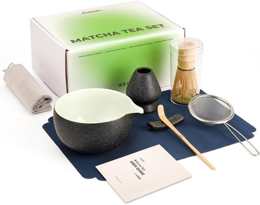 7 Pcs Matcha Kit Set, Matcha Whisk and Bowl with Spout, Powder Sifter, Whisk Holder, Bamboo Scoop and Scoop Rest, Perfect Prepare Tools for Making Matcha Tea (Charcoal Grey)