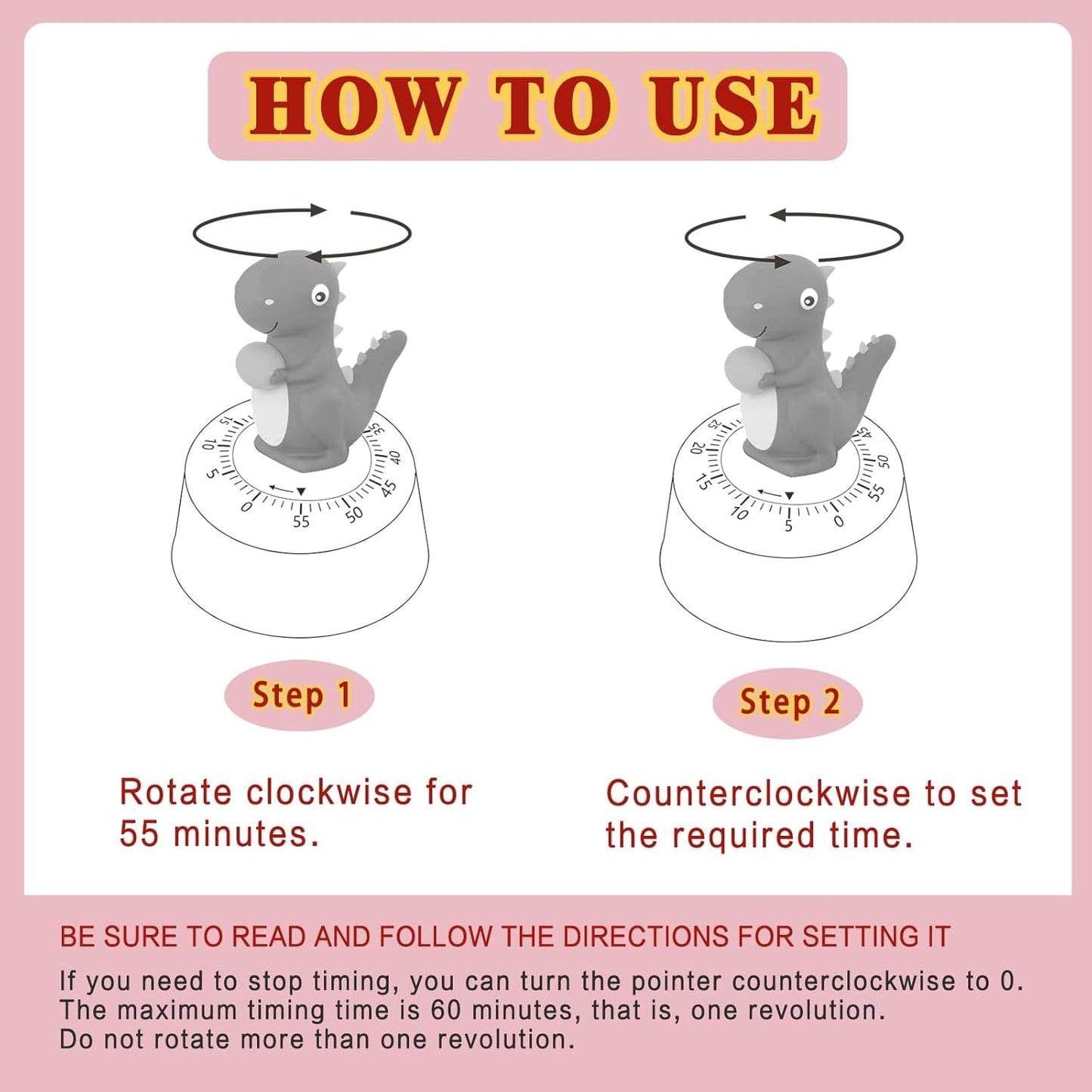60 Minutes Mechanical Kitchen Timer,Cute Dinosaur Timer for Kids,Wind Up Egg Timer for Cooking,Reading,Classroom and Do Sports. (Pink)