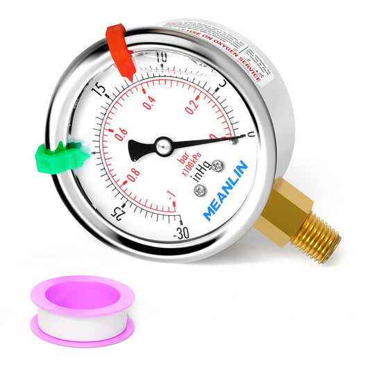 MEANLIN MEASURE -30inHG~0Psi Vacuum Pressure Gauge 1/8" NPT 2.5" FACE DIAL, Stainless Steel Liquid Filled Pressure Gauge WOG Water Oil Air Lower Mount (with 2PCS Snaps)