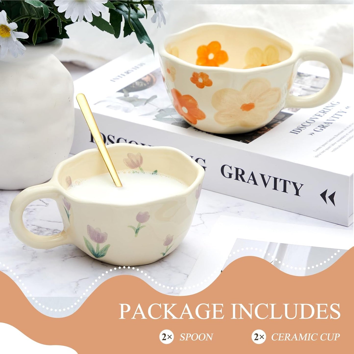 Vesici 2 Pcs Ceramic Coffee Mugs Flower Cups with Spoon Vintage Floral Mugs with Handle 8.5 oz Aesthetic Tea Porcelain Cup Gift for Valentine Office Home, Dishwasher and Microwave Safe(Charming)