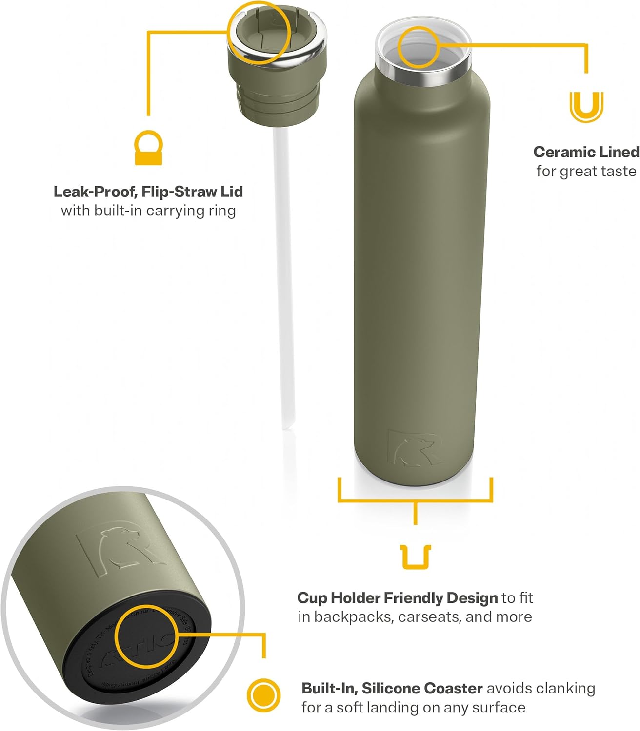 RTIC 26oz Journey Bottle Metal Stainless Steel Vacuum Insulated, BPA Free, Reusable, for Water, Hot and Cold Drinks, Travel, Sports, Camping, Olive