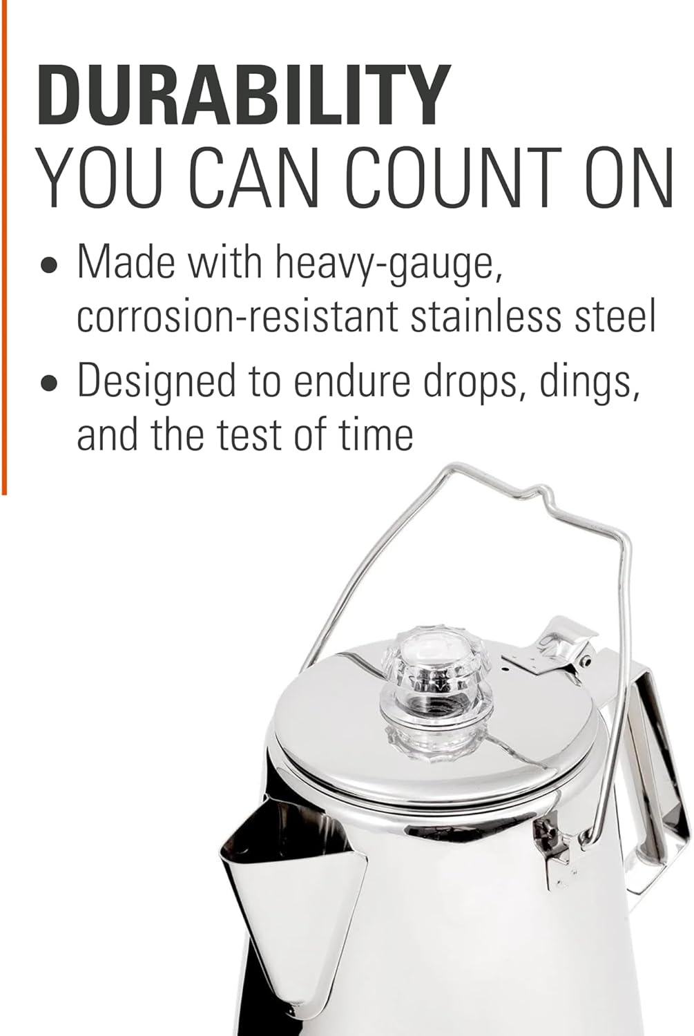 GSI Outdoors Percolator Coffee Pot I Glacier Stainless Steel Ultra-Rugged for Brewing Coffee Over Stove and Fire | Ideal for Group Camping, 8 Cup