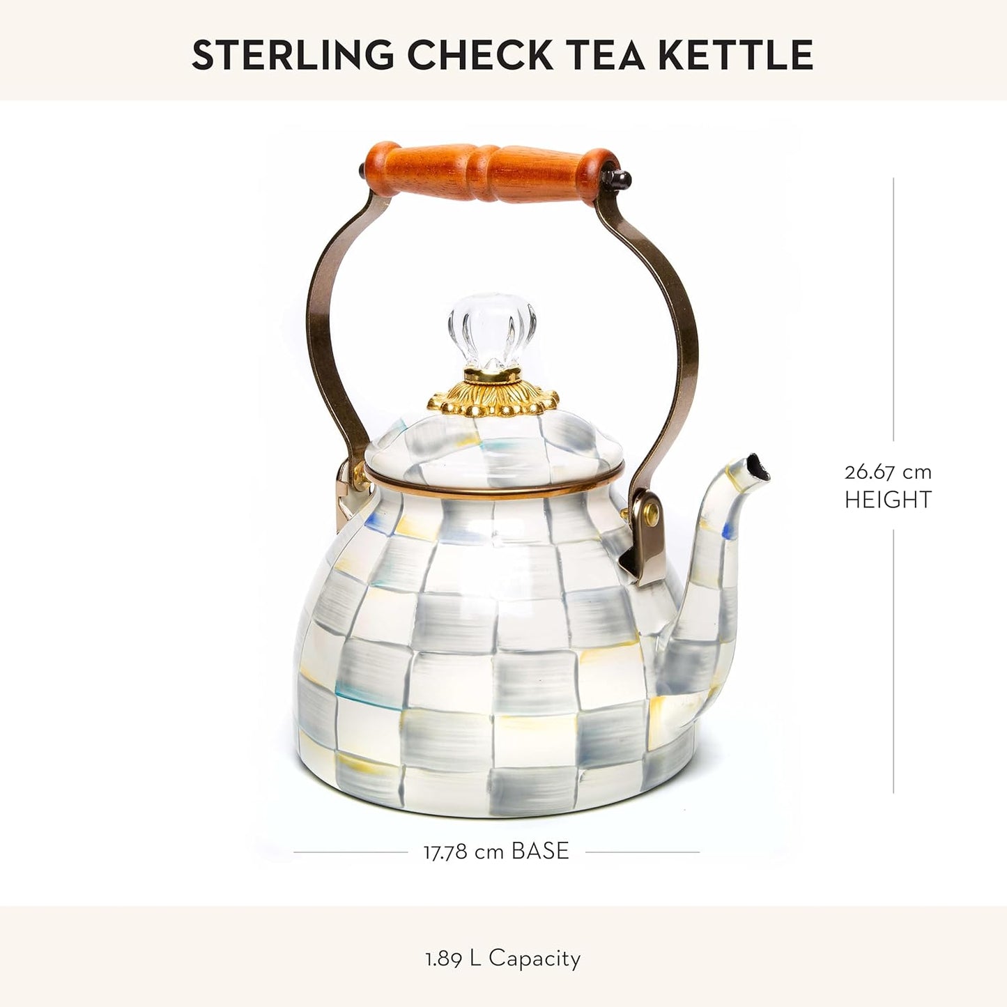 MACKENZIE-CHILDS Enamel Tea Kettle, Stylish Tea Kettle for Stovetop, Grey-and-White Sterling Check, 2 Quarts