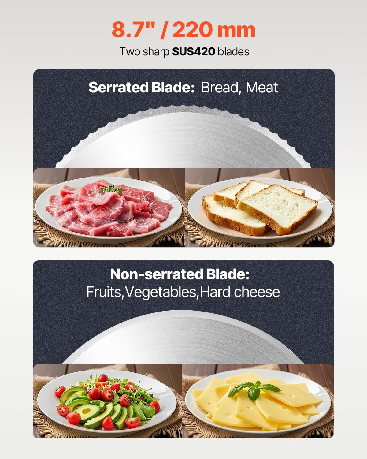 VEVOR Meat Slicer, 8.7 inch Electric Deli Food Slicer with Two Premium SUS420 Blades, 0-0.6 inch Adjustable Thickness, 180W Food Slicer Machine for Meat, Hard Bread and Cheese, Home Use