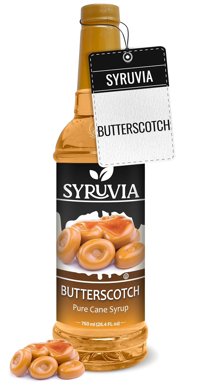 Syruvia Butterscotch Coffee Syrup - 25.4 fl oz. Kosher and Gluten-Free. Perfect for Enhancing Drinks, Sodas, Shakes, Desserts, and More.