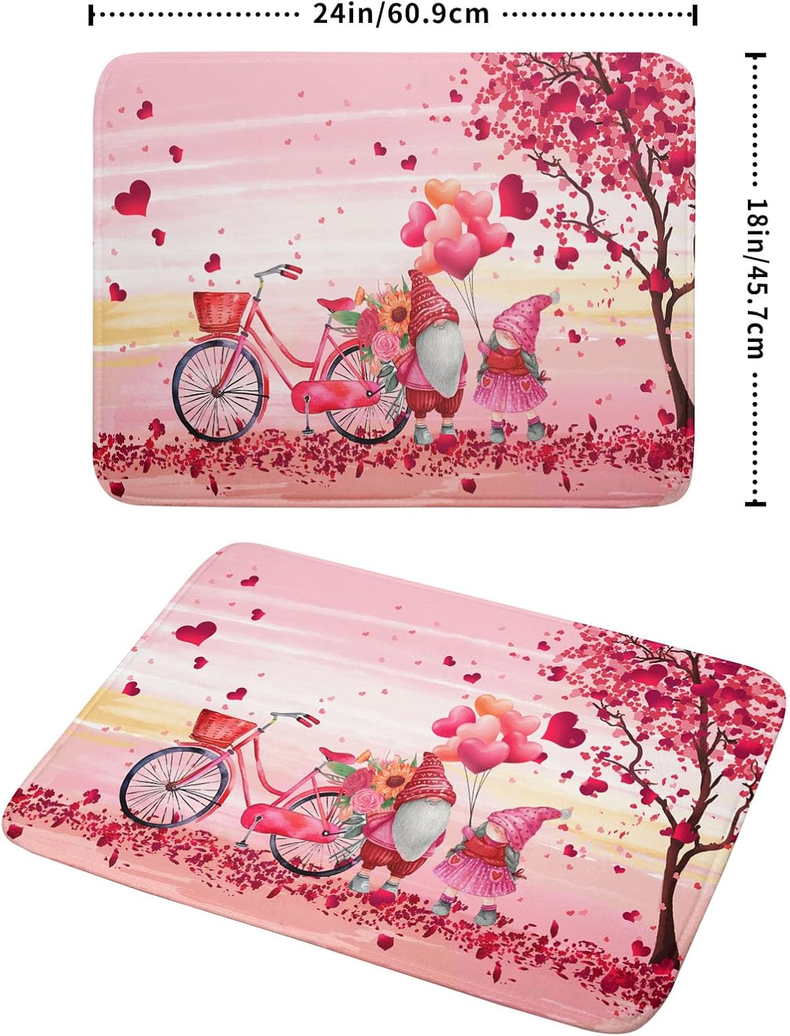 Pink Heart Valentine's Day Gnomes Dish Drying Mat for Kitchen Counter,Pink Bicycle Love Tree Drying Mat 18 x 24 Inch with Absorbent Reversible Microfiber Dish Drying Pad Dish Rack Pad for Coffee Bar