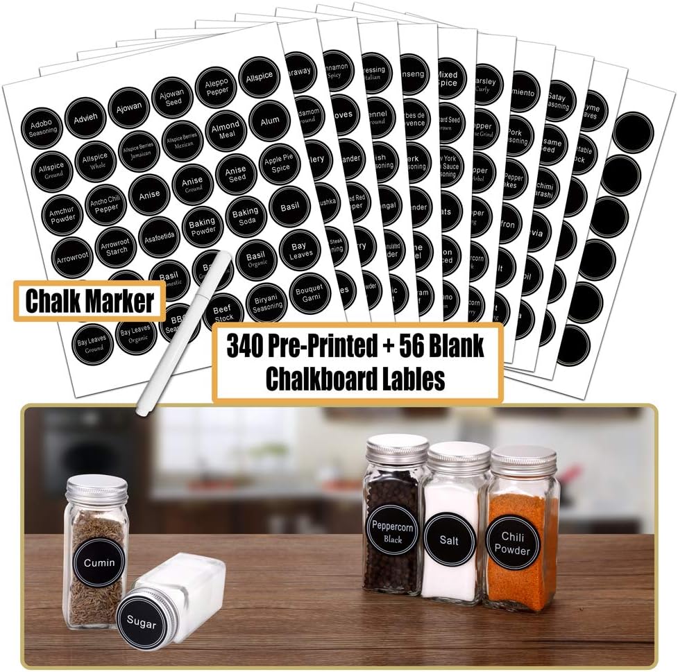 SWOMMOLY 66 Glass Spice Jars with 703 Spice Labels, Chalk Marker and Funnel Complete Set. 66 Square Glass Jars 4oz, Airtight Cap, Pour/sift Shaker Lid