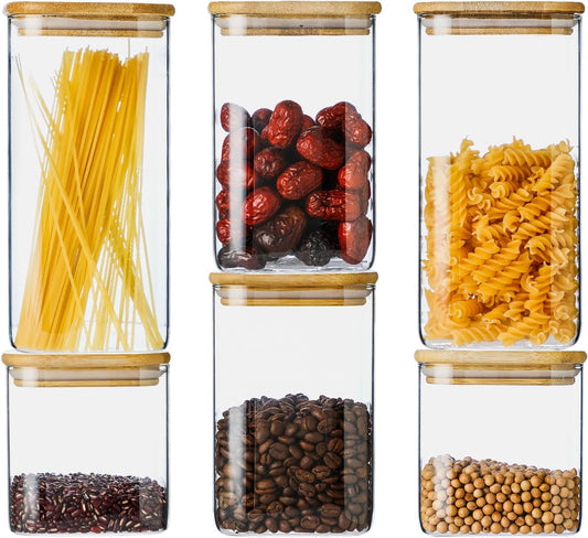 Glass Food Storage Containers with Lids 6 Pack(25oz/37oz/50oz), High Borosilicate Glass Jars for Coffee Bean, Candy, Cookie, Flour, Square