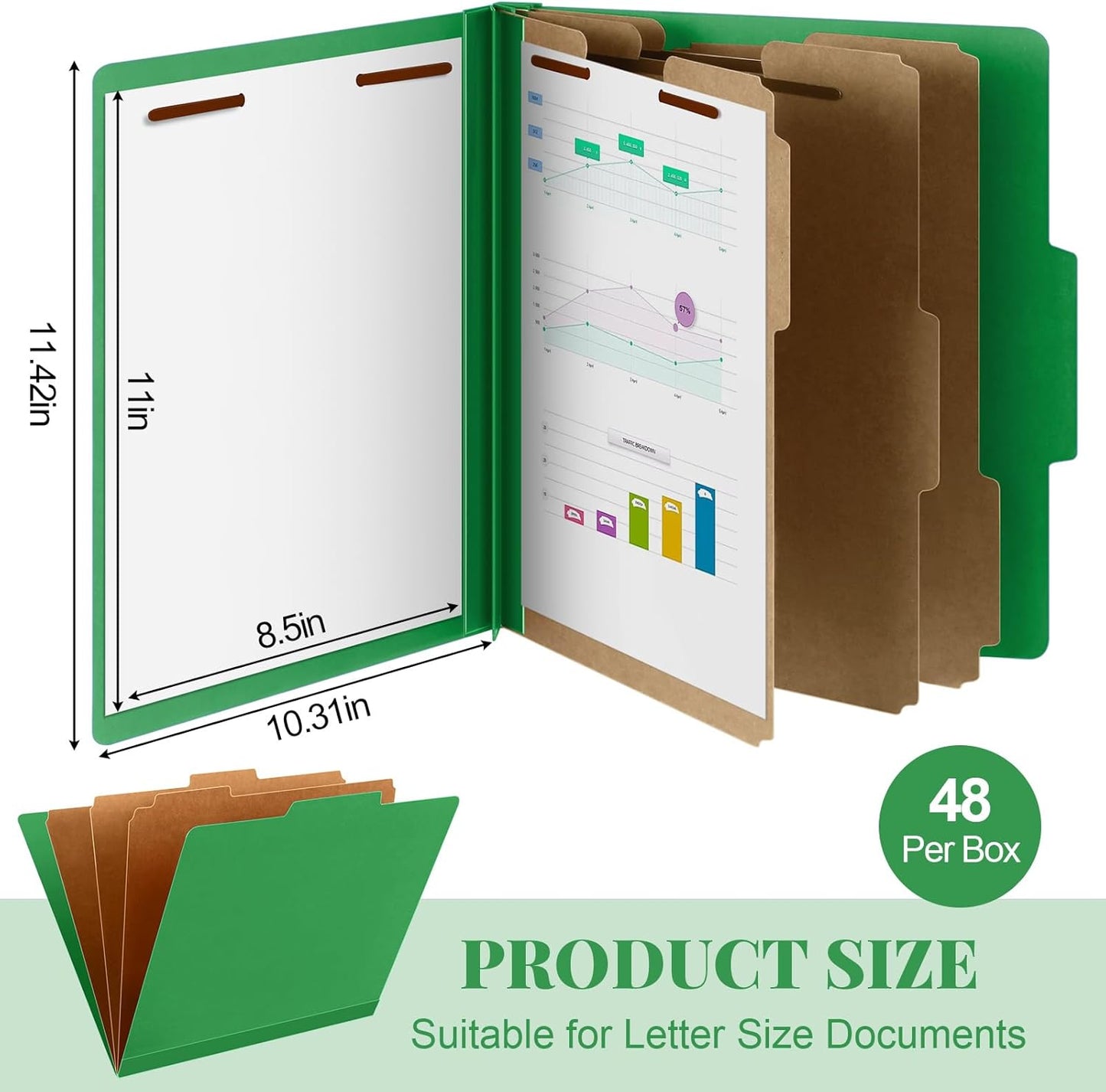 48 Pcs Classification Folders Letter Size, Back to School Supply for Teacher, Student, 3 Dividers Pressboard File Folder Bulk with 2 Fasteners, 3.5 Inch Expanding File Organizer (Green)