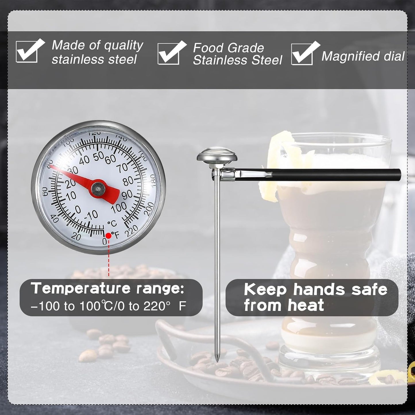 Xuhal 6 Pcs Stainless Steel Kitchen Thermometer with 5 Inch Long Stem 1 Inch Dial Thermometer Milk Frothing Food for Oven Probe Meat Grill BBQ Cooking Chocolate Water(Black, Red)