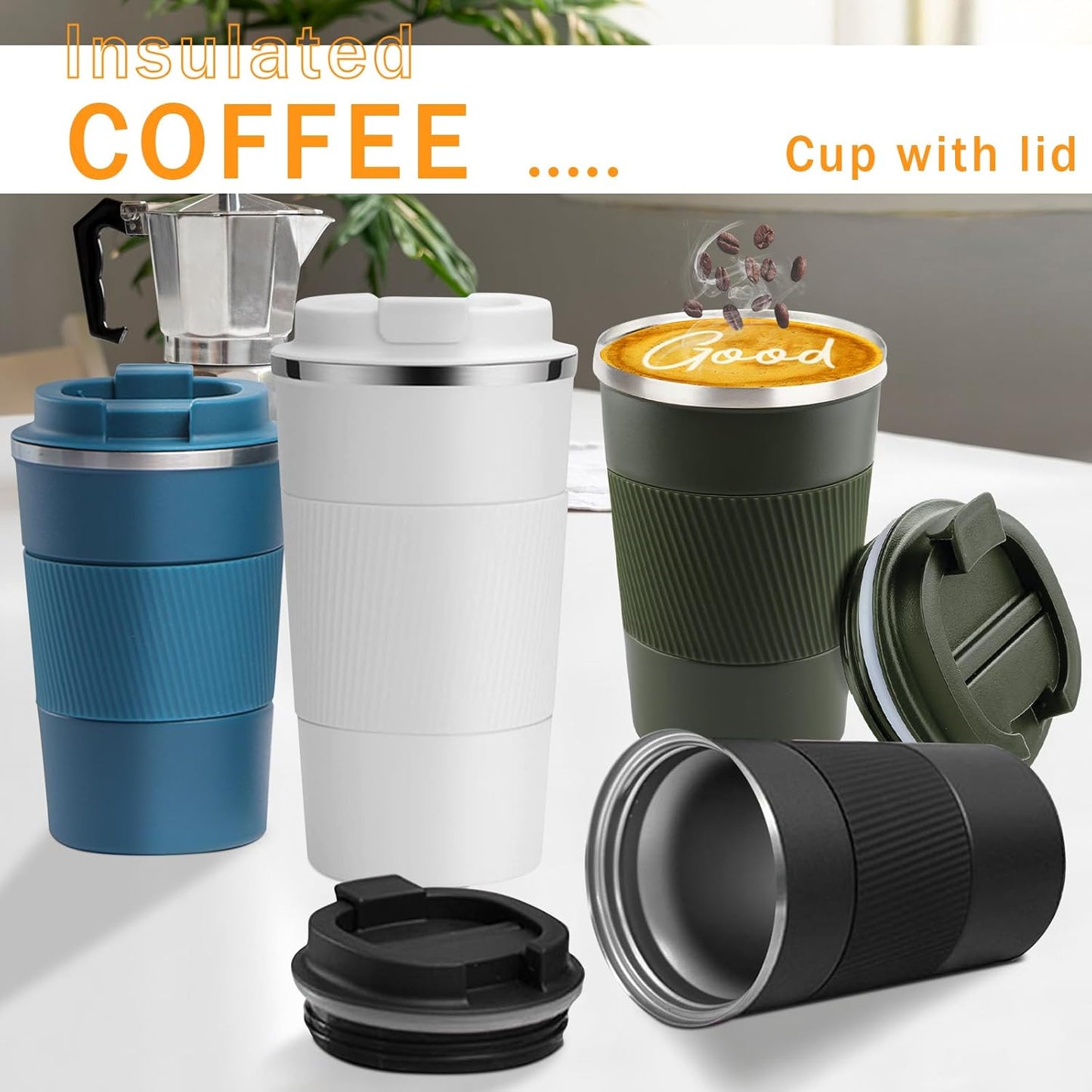YINBAOGE Insulated Travel Coffee Mug Spill Proof Leak Proof Pobtable To Go Camping Stainless Steel Coffee Tumbler Reusable Coffee Cups with Lids Thermos for Hot and Cold Drink (Green, 17 OZ)