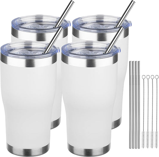 MEZMUT 20oz Coffee Tumbler with Lid and Straw Double Wall Vacuum Insulated Cup Stainless Steel Travel Mugs Insulated for Hot Cold Leakproof Powder Coated Tumbler for Indoor Outdoor(White, 4)