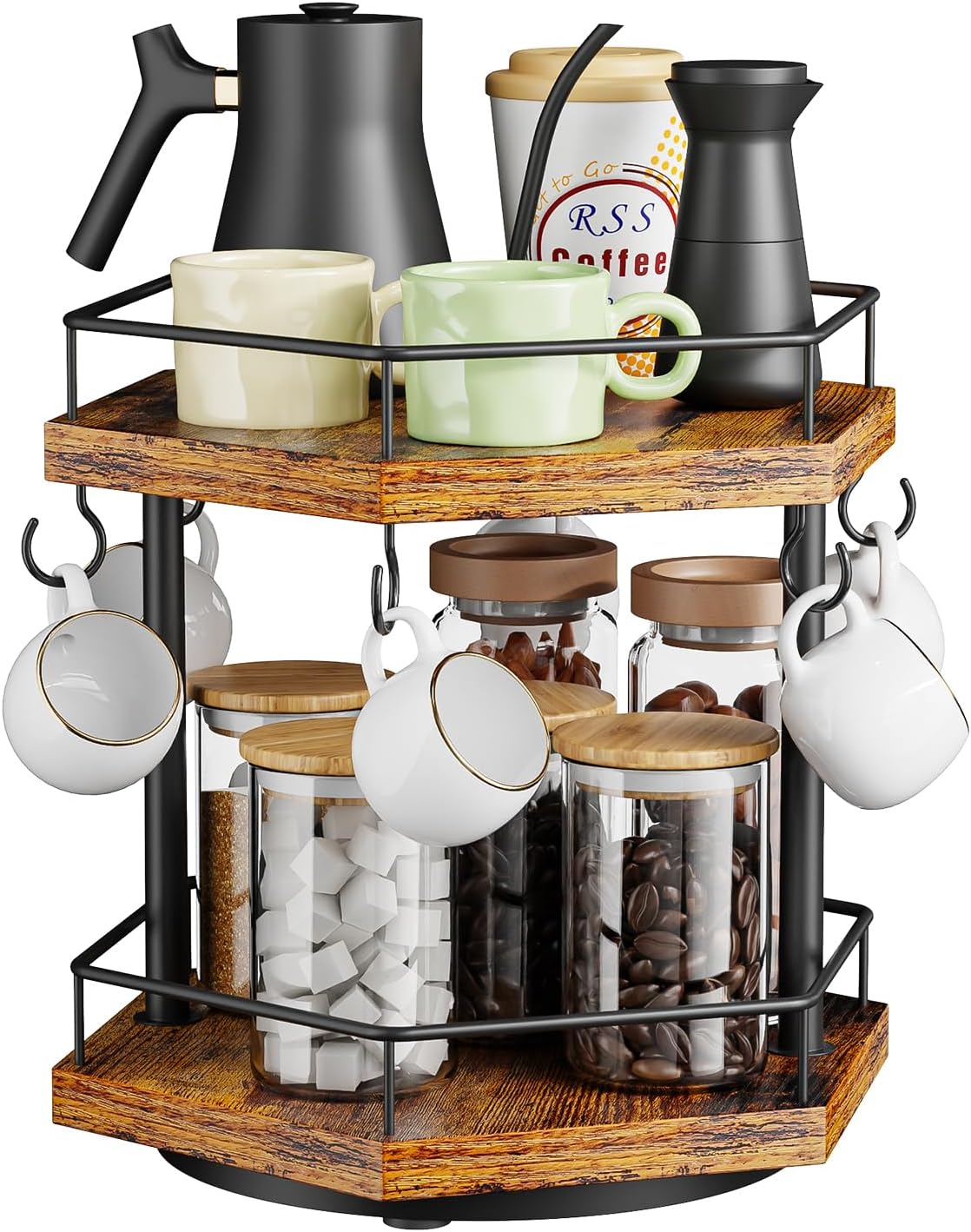 KLM 2 Tier Coffee Bar Organizer Countertop Station Shelf for Home Office, Multi-Functional Coffee Mug Cup Holder Stand, Accessory Storage Rack with 6 Hooks, 360° Rotated Coffee Cup Holder for Counter