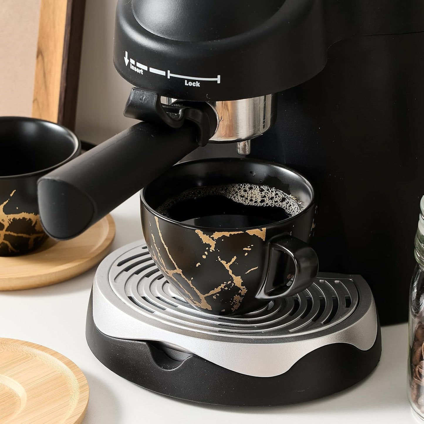 LUKA Ceramic Demitasse Espresso Cups Set with Saucers and Metal Stand, 8 oz Porcelain Stackable Cappuccino Cups Teacup For Tea, Espresso, Latte, Coffee, Cafe Mocha, Set of 4, Black