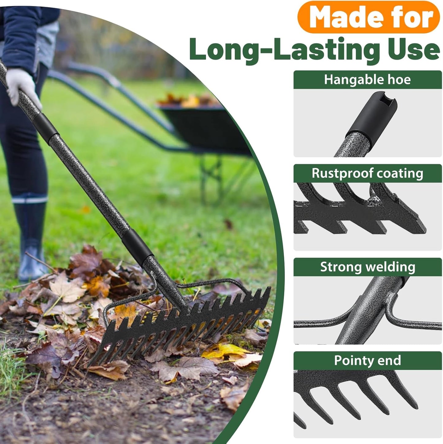 Garden Leaf Rake with 77 Inch Handle, Heavy Duty 17 Inch Wide Metal Garden Lawn Rake for Loosening Soil Raking Leaf Leveling Rocks Spreading Mulch Gravel, Rustproof Metal Bow Rakes Garden Tools
