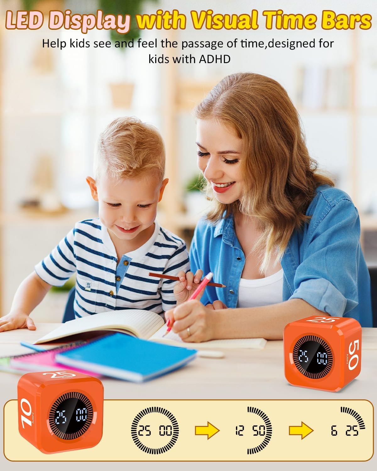 Pomodoro Timer Cube Visual Productivity Flip Timer for Kids Classroom Desk, 5/10/25/50min& Custom Countdown, Silent&Sound Mode Digital Cube for ADHD Study Work School Game Kitchen (Orange)