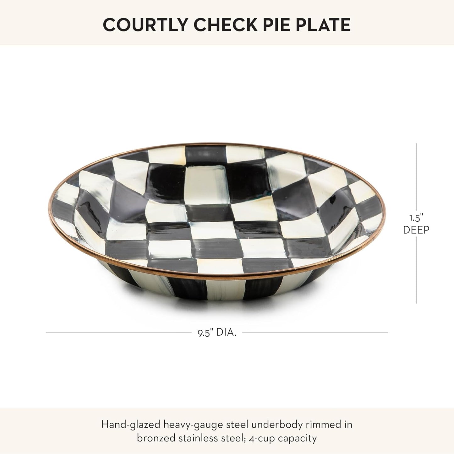 MACKENZIE-CHILDS Enamel Pie Plate, Ovenproof Pie Pan for Cooking and Serving, Black-and-White Courtly Check