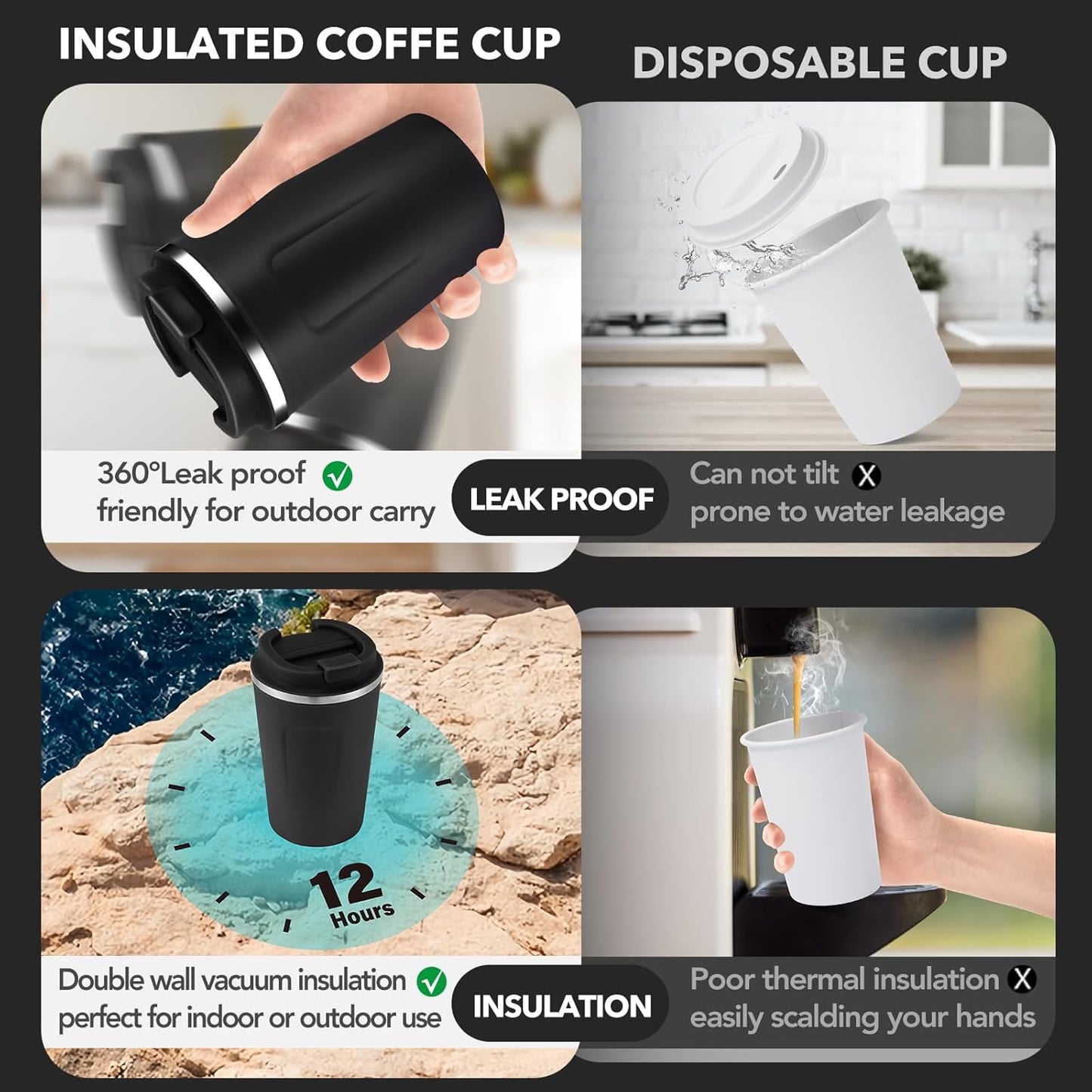 Volhoply 12 oz Double Wall Insulated Vacuum Travel Coffee Mug with Flip Lid Bulk 8 Pack,Reusable Stainless Steel Leak Proof Coffee Cup,Portable Cafe Thermal Tumblers for Hot & Cold Drinks(Black,8 Set)