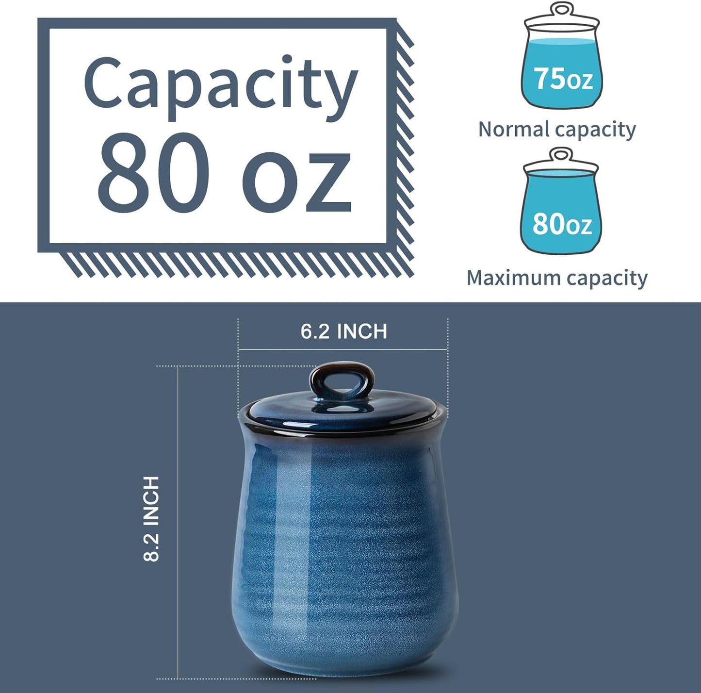 Hasense Ceramic Coffee Container with Airtight Lid, Candy Canister for Countertop, 80 FL OZ Large Food Storage Jar for Sugar,Tea,Flour,Spice,Salt,Cookies,Candy,Treat,Snack,Treats (Blue)